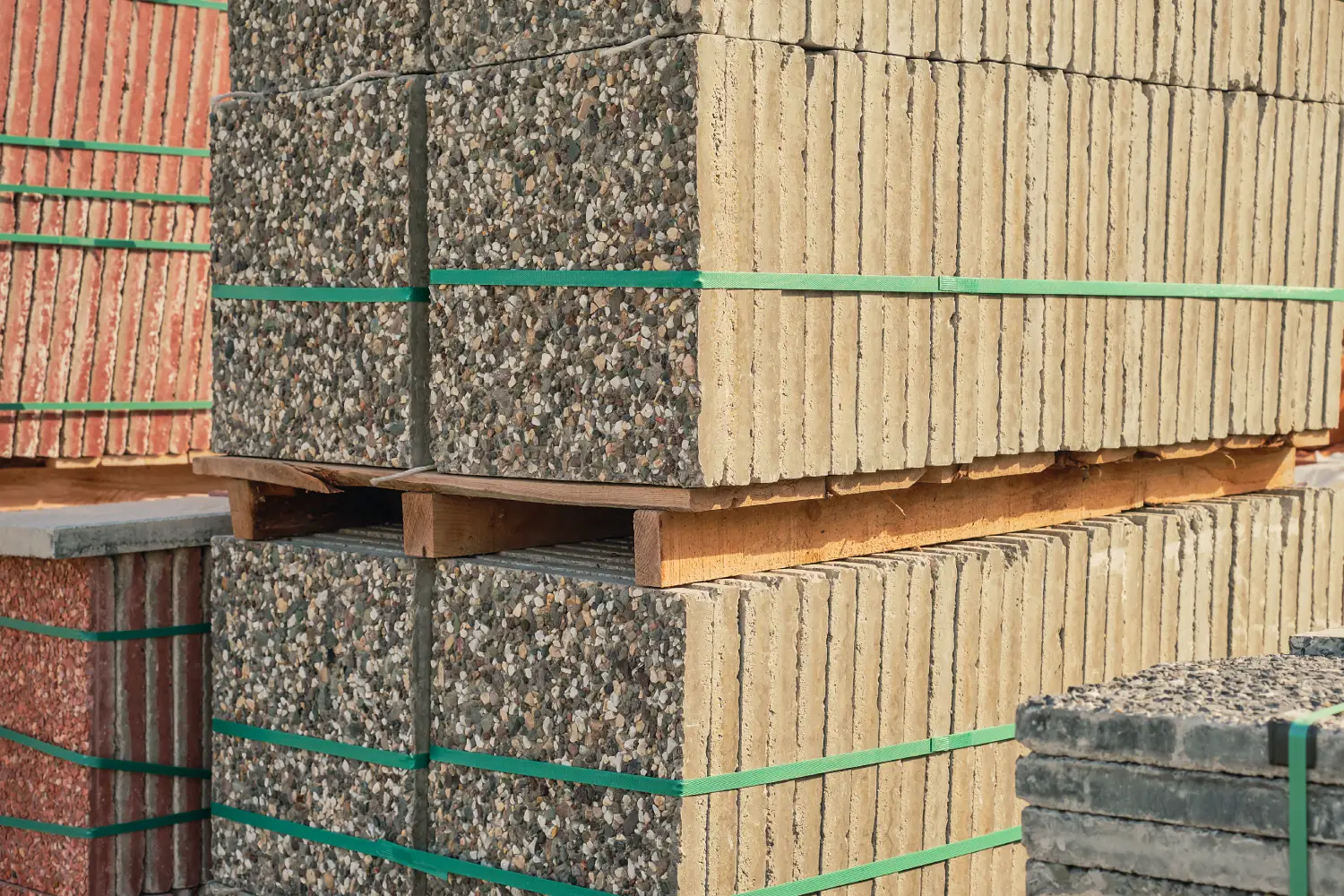 Illustration of cement bags and steel bundles in a supply yard