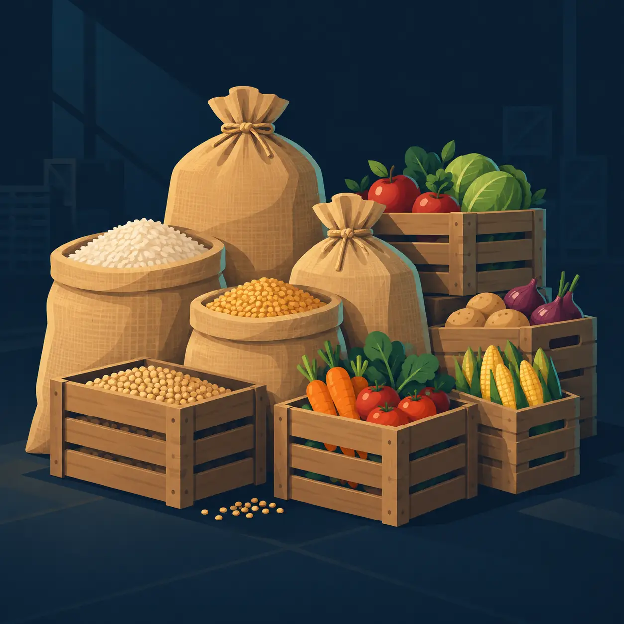 Illustration of sacks and crates of food commodities