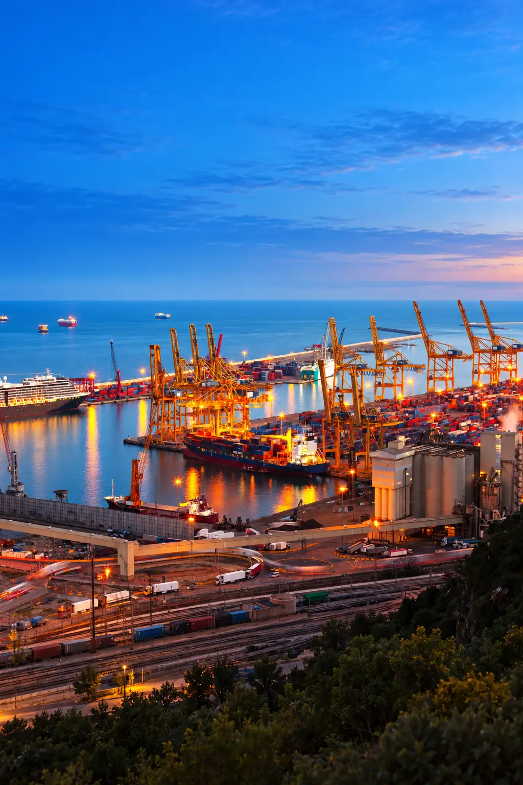 Illustration of a container terminal with gantry cranes at dusk
