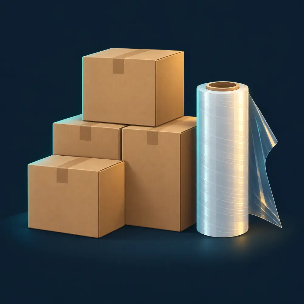 Illustration of cartons and a roll of stretch wrap