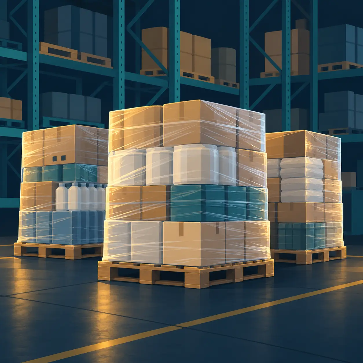 Illustration of wrapped pallets in a distribution warehouse